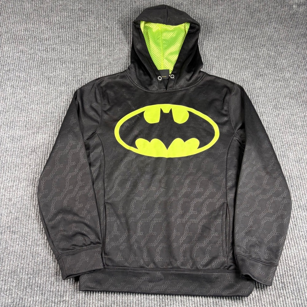 Batman DC Comics Hoodie Mens S Black Neon Yellow Logo Performance Pullover